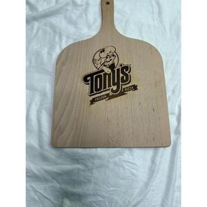 wooden pizza peel featuring the logo for Tony's Frozen Pizza